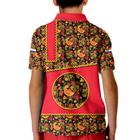 Russia Folk Art Kid Polo Shirt with Khokhloma Pattern and Traditional Rooster Design