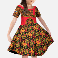 Russia Folk Art Kid Short Sleeve Dress with Khokhloma Pattern and Traditional Rooster Design