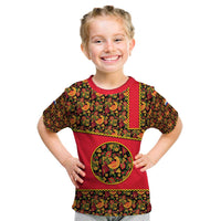 Russia Folk Art Kid T Shirt with Khokhloma Pattern and Traditional Rooster Design