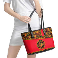 Russia Folk Art Leather Tote Bag with Khokhloma Pattern and Traditional Rooster Design