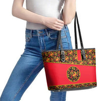 Russia Folk Art Leather Tote Bag with Khokhloma Pattern and Traditional Rooster Design