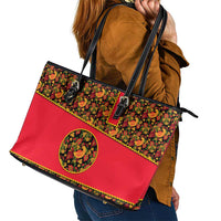 Russia Folk Art Leather Tote Bag with Khokhloma Pattern and Traditional Rooster Design