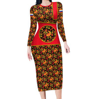 Russia Folk Art Long Sleeve Bodycon Dress with Khokhloma Pattern and Traditional Rooster Design