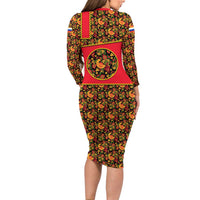 Russia Folk Art Long Sleeve Bodycon Dress with Khokhloma Pattern and Traditional Rooster Design