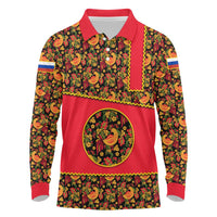 Russia Folk Art Long Sleeve Polo Shirt with Khokhloma Pattern and Traditional Rooster Design