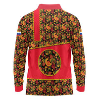 Russia Folk Art Long Sleeve Polo Shirt with Khokhloma Pattern and Traditional Rooster Design