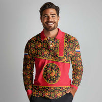 Russia Folk Art Long Sleeve Polo Shirt with Khokhloma Pattern and Traditional Rooster Design