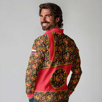 Russia Folk Art Long Sleeve Polo Shirt with Khokhloma Pattern and Traditional Rooster Design