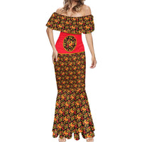 Russia Folk Art Mermaid Dress with Khokhloma Pattern and Traditional Rooster Design
