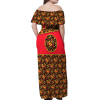 Russia Folk Art Off Shoulder Maxi Dress with Khokhloma Pattern and Traditional Rooster Design