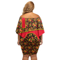 Russia Folk Art Off Shoulder Short Dress with Khokhloma Pattern and Traditional Rooster Design