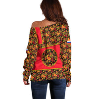 Russia Folk Art Off Shoulder Sweater with Khokhloma Pattern and Traditional Rooster Design