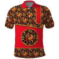 Russia Folk Art Polo Shirt with Khokhloma Pattern and Traditional Rooster Design