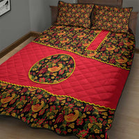 Russia Folk Art Quilt Bed Set with Khokhloma Pattern and Traditional Rooster Design