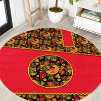 Russia Folk Art Round Carpet with Khokhloma Pattern and Traditional Rooster Design