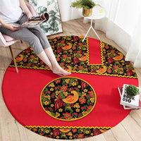 Russia Folk Art Round Carpet with Khokhloma Pattern and Traditional Rooster Design