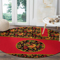 Russia Folk Art Round Carpet with Khokhloma Pattern and Traditional Rooster Design