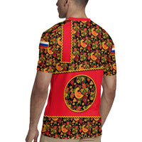 Russia Folk Art Rugby Jersey with Khokhloma Pattern and Traditional Rooster Design