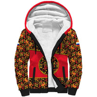 Russia Folk Art Sherpa Hoodie with Khokhloma Pattern and Traditional Rooster Design
