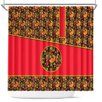 Russia Folk Art Shower Curtain with Khokhloma Pattern and Traditional Rooster Design