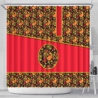Russia Folk Art Shower Curtain with Khokhloma Pattern and Traditional Rooster Design