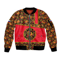 Russia Folk Art Sleeve Zip Bomber Jacket with Khokhloma Pattern and Traditional Rooster Design