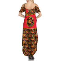 Russia Folk Art Summer Maxi Dress with Khokhloma Pattern and Traditional Rooster Design