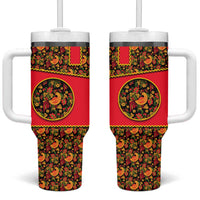 Russia Folk Art Tumbler With Handle with Khokhloma Pattern and Traditional Rooster Design