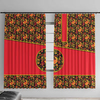 Russia Folk Art Window Curtain with Khokhloma Pattern and Traditional Rooster Design