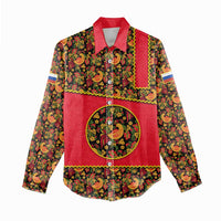 Russia Folk Art Women Casual Shirt with Khokhloma Pattern and Traditional Rooster Design