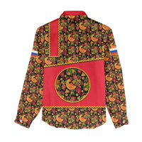 Russia Folk Art Women Casual Shirt with Khokhloma Pattern and Traditional Rooster Design