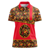 Russia Folk Art Women Polo Shirt with Khokhloma Pattern and Traditional Rooster Design