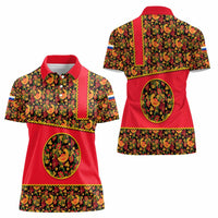 Russia Folk Art Women Polo Shirt with Khokhloma Pattern and Traditional Rooster Design