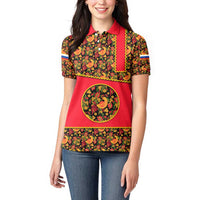 Russia Folk Art Women Polo Shirt with Khokhloma Pattern and Traditional Rooster Design