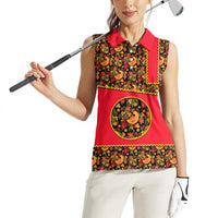Russia Folk Art Women Sleeveless Polo Shirt with Khokhloma Pattern and Traditional Rooster Design