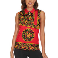 Russia Folk Art Women Sleeveless Polo Shirt with Khokhloma Pattern and Traditional Rooster Design