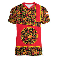 Russia Folk Art Women V-Neck T-Shirt with Khokhloma Pattern and Traditional Rooster Design