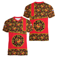 Russia Folk Art Women V-Neck T-Shirt with Khokhloma Pattern and Traditional Rooster Design