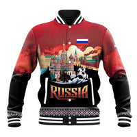 Russia Flag Red and Black Pullover Baseball Jacket with Moscow Skyline Bear and Horse Design