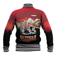 Russia Flag Red and Black Pullover Baseball Jacket with Moscow Skyline Bear and Horse Design