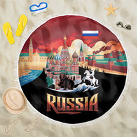 Russia Flag Red and Black Pullover Beach Blanket with Moscow Skyline Bear and Horse Design