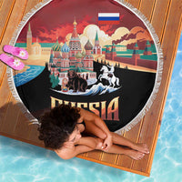 Russia Flag Red and Black Pullover Beach Blanket with Moscow Skyline Bear and Horse Design