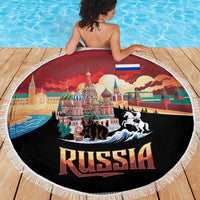 Russia Flag Red and Black Pullover Beach Blanket with Moscow Skyline Bear and Horse Design