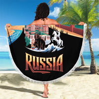 Russia Flag Red and Black Pullover Beach Blanket with Moscow Skyline Bear and Horse Design