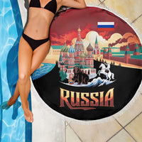 Russia Flag Red and Black Pullover Beach Blanket with Moscow Skyline Bear and Horse Design