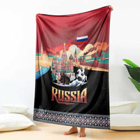 Russia Flag Red and Black Pullover Blanket with Moscow Skyline Bear and Horse Design