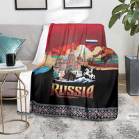 Russia Flag Red and Black Pullover Blanket with Moscow Skyline Bear and Horse Design