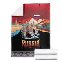 Russia Flag Red and Black Pullover Blanket with Moscow Skyline Bear and Horse Design