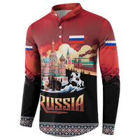 Russia Flag Red and Black Pullover Button Sweatshirt with Moscow Skyline Bear and Horse Design