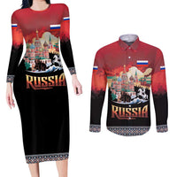 Russia Flag Red and Black Pullover Couples Matching Long Sleeve Bodycon Dress and Long Sleeve Button Shirt with Moscow Skyline Bear and Horse Design